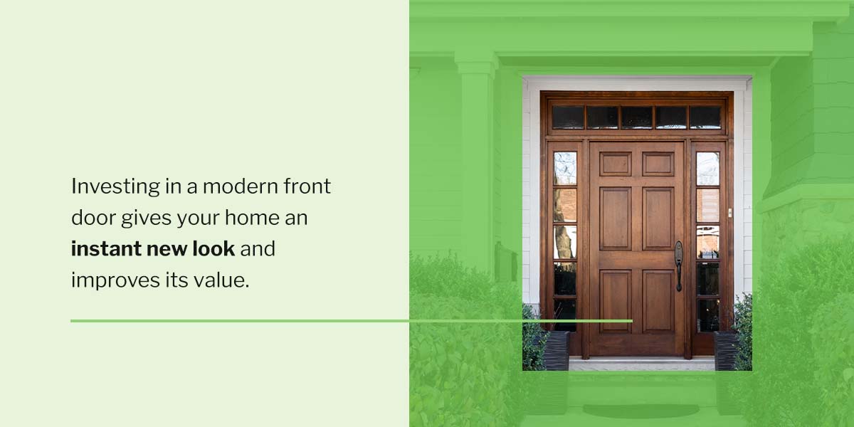 a wooden front door next to the words investing in a modern front door