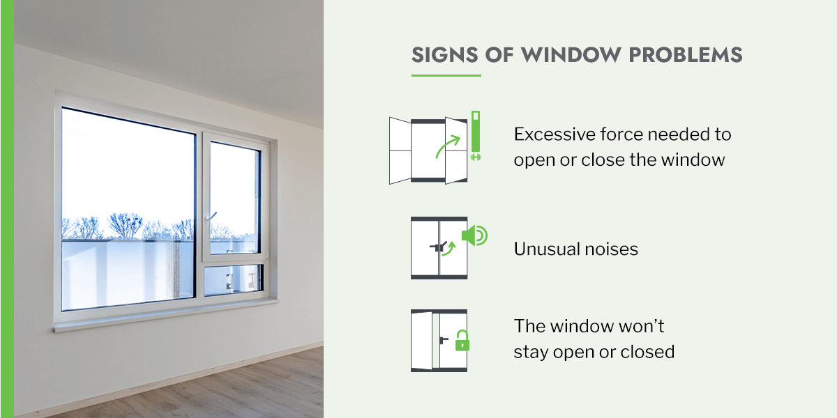a window in a white room with the signs of window problems written next to it