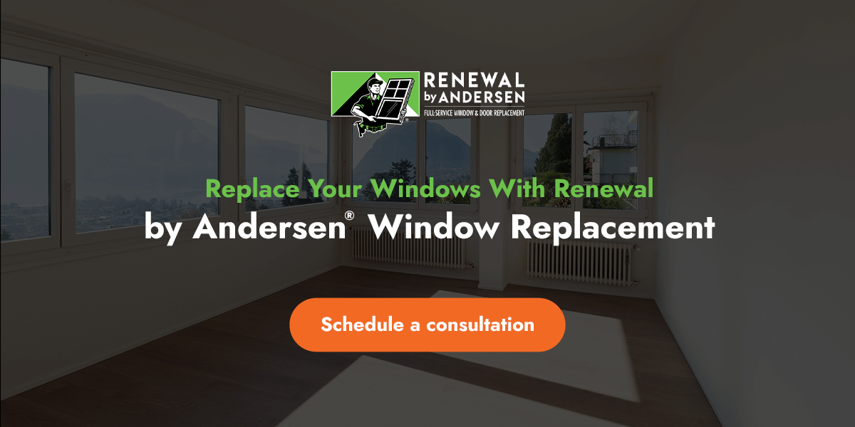 a room with lots of windows next to the words replace your windows with Renewal by Andersen