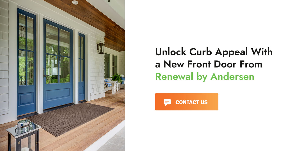 a porch with a blue front door next to the words contact us